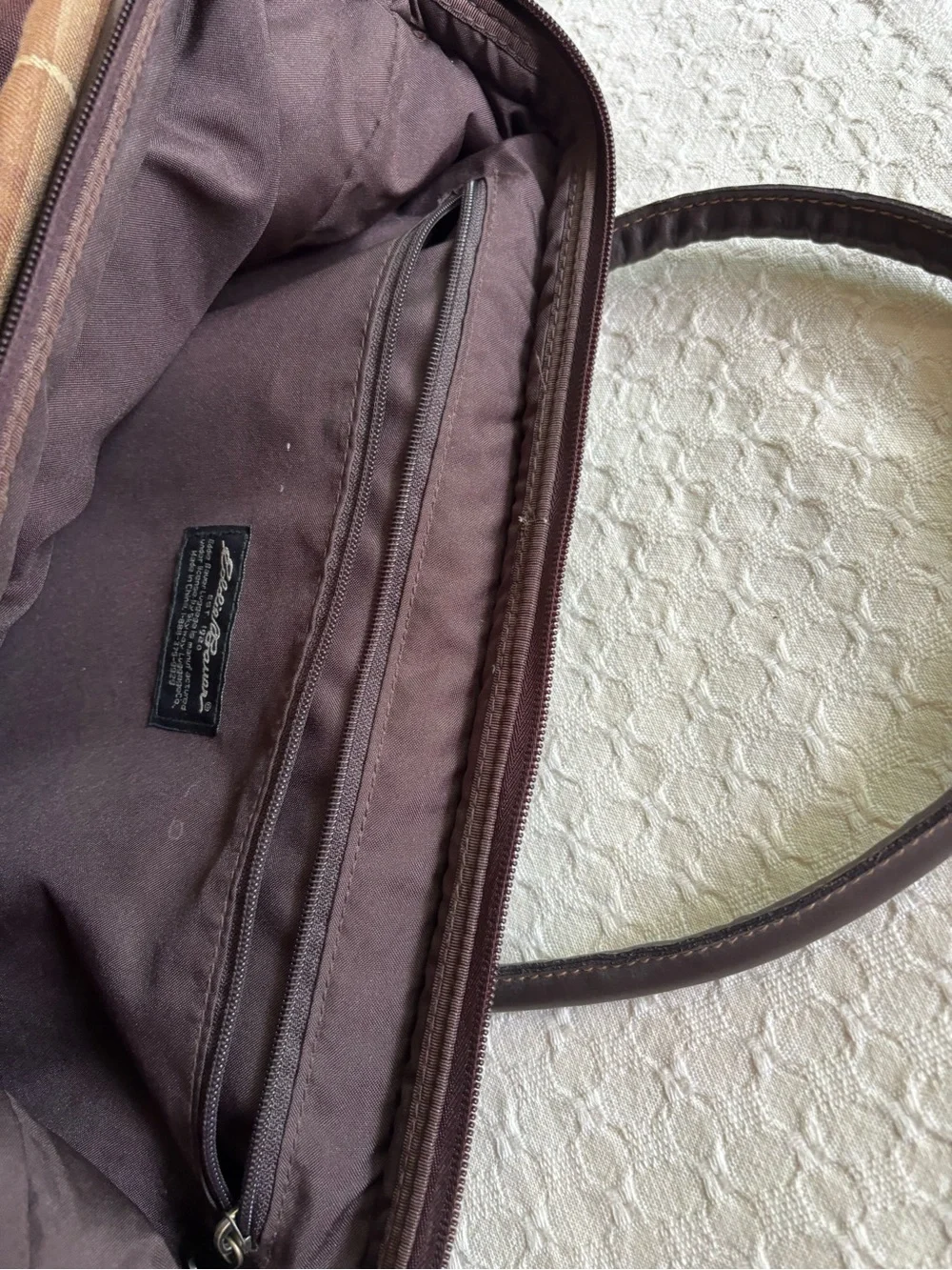 Eddie Bauer Brown Plaid Canvas Duffel Bag with Dark Trim